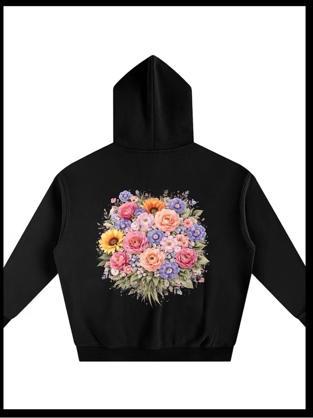 Women's Black Hoodie with Multicolor Floral Bouquet Graphic